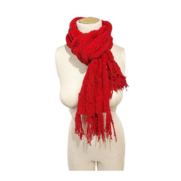 Handmade Women Scarf Knitted Elastic-Braids Red Crochet Fringe Cowl Warm Neck - Picture 5 of 11